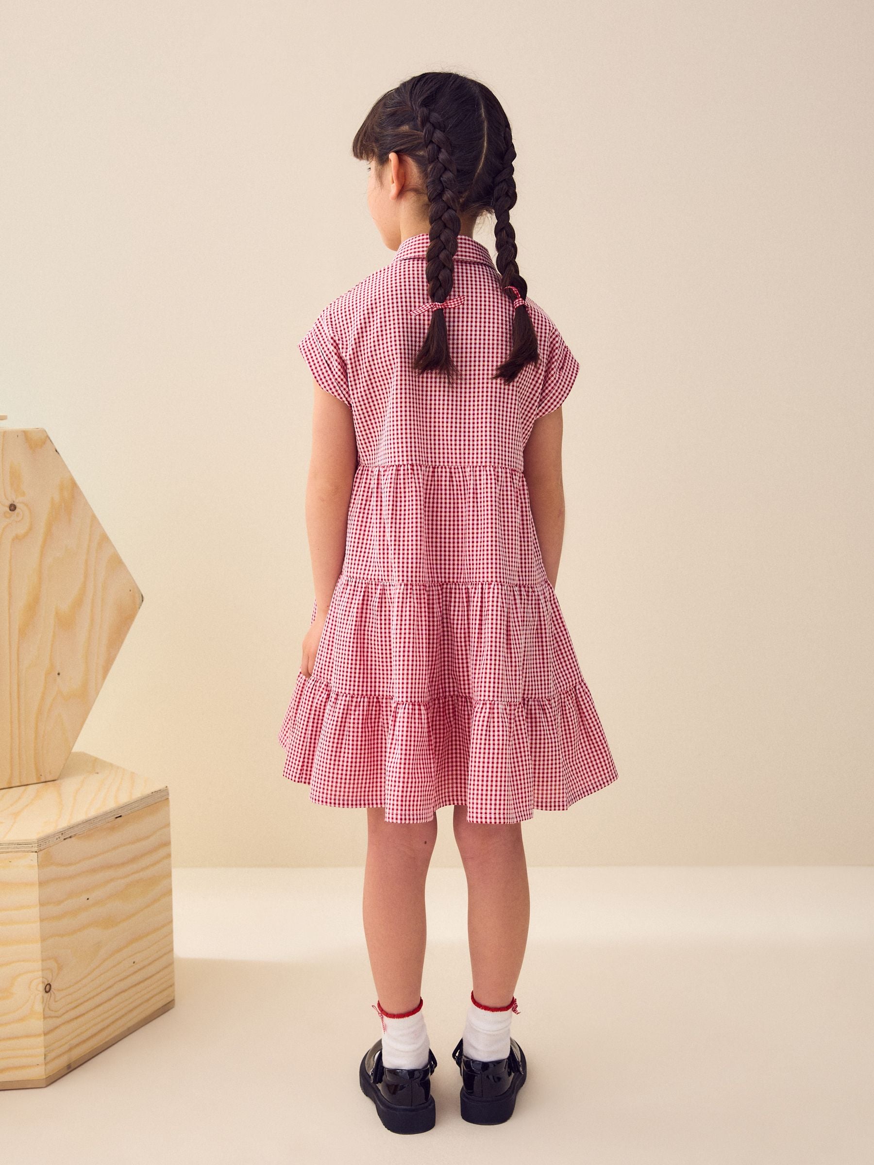 Red Cotton Rich School Gingham Tiered Shirt Collar Dress (3-14yrs) image 3