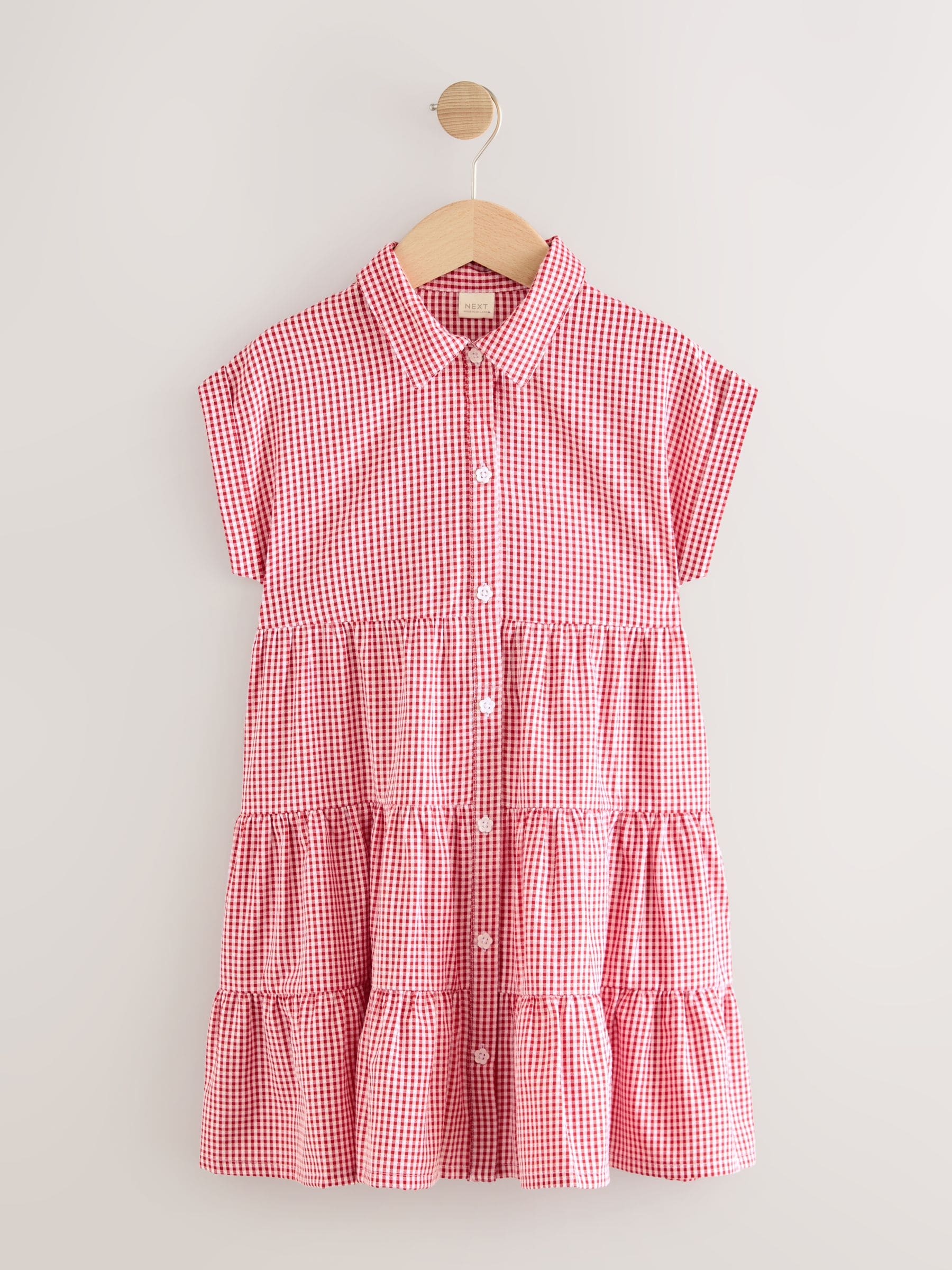 Red Cotton Rich School Gingham Tiered Shirt Collar Dress (3-14yrs) image 5