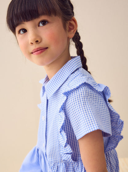 Blue Cotton Rich Frill Gingham School Dress (3-14yrs) image 4