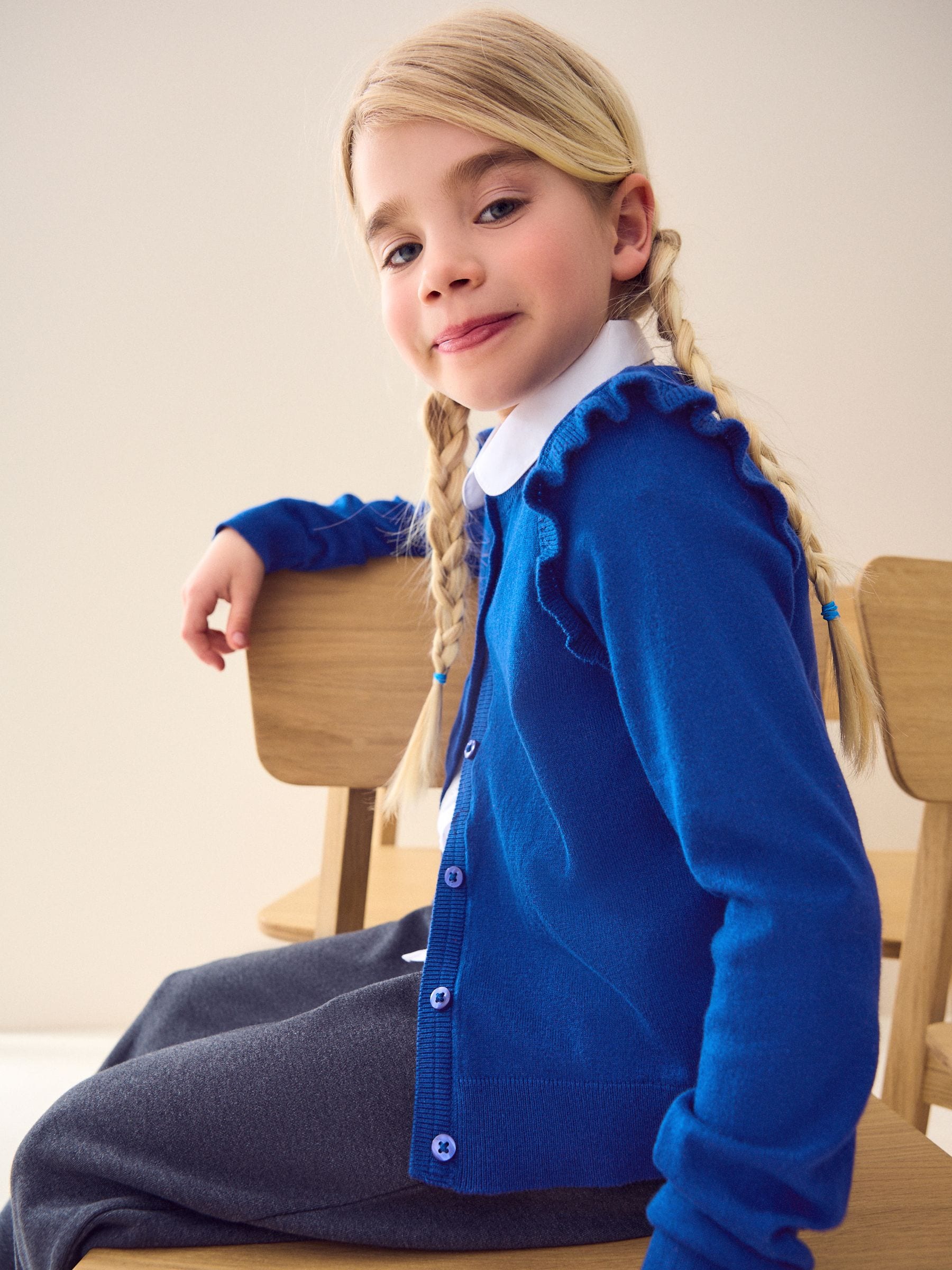 Dsiney Kidz - Blue Cotton Rich Frill Shoulder School Cardigan (3-16yrs) image 1