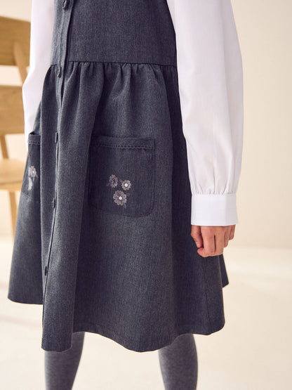 Grey Button Front Embroidered Pinafore School Dress (3-14yrs) image 5