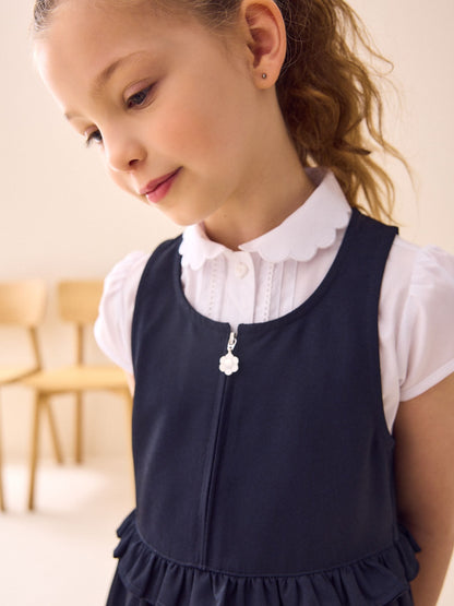 Navy Blue Zip Front Frill Waist School Pinafore Dress (3-14yrs) image 3