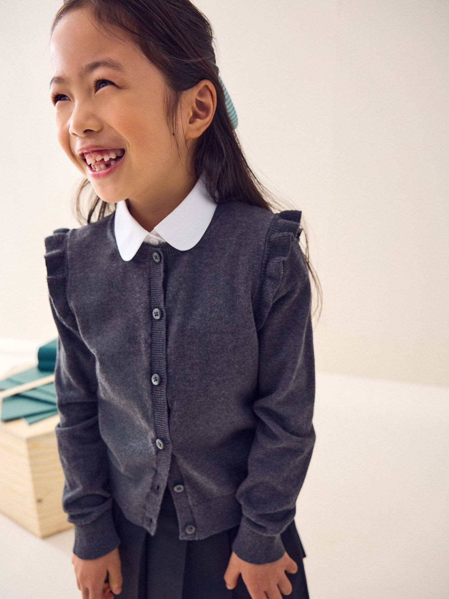 Dsiney Kidz - Grey Cotton Rich Frill Shoulder School Cardigan (3-16yrs) image 1