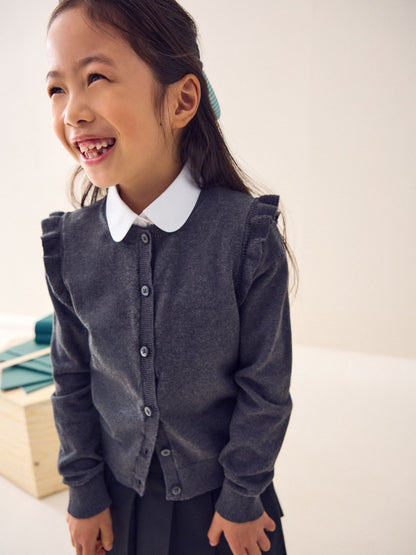Dsiney Kidz - Grey Cotton Rich Frill Shoulder School Cardigan (3-16yrs) image 1