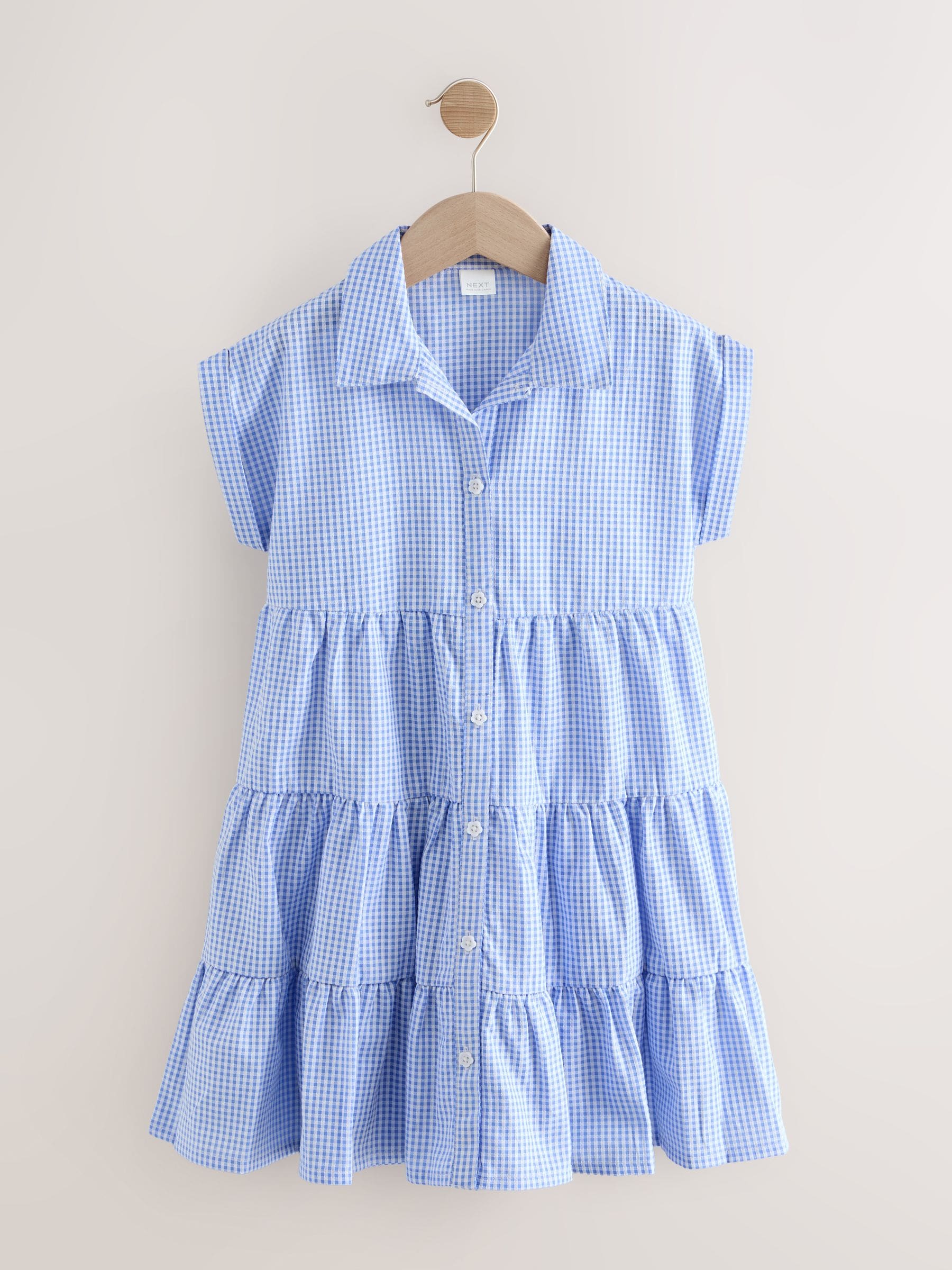 Blue Cotton Rich School Gingham Tiered Shirt Collar Dress (3-14yrs) image 5