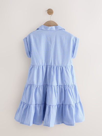 Blue Cotton Rich School Gingham Tiered Shirt Collar Dress (3-14yrs) image 6