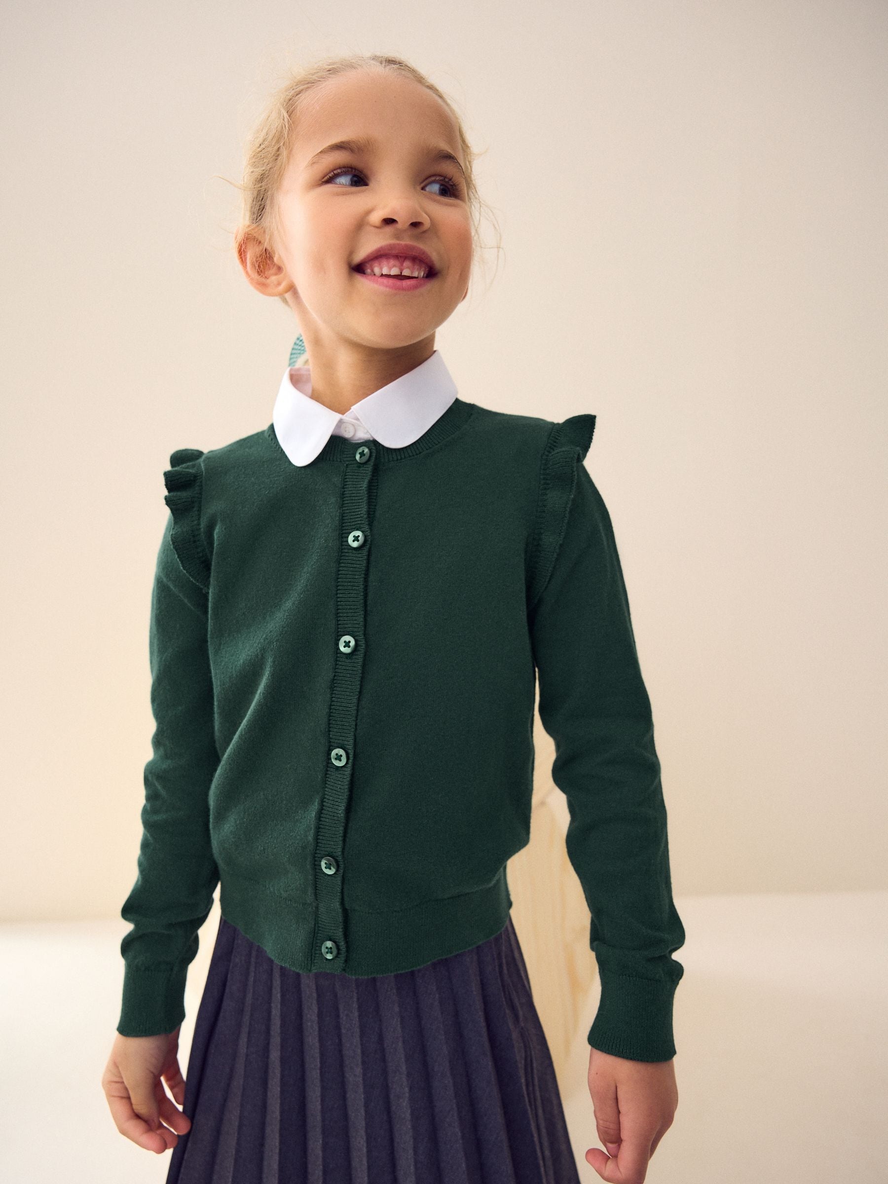 Dsiney Kidz - Green Cotton Rich Frill Shoulder School Cardigan (3-16yrs) image 1
