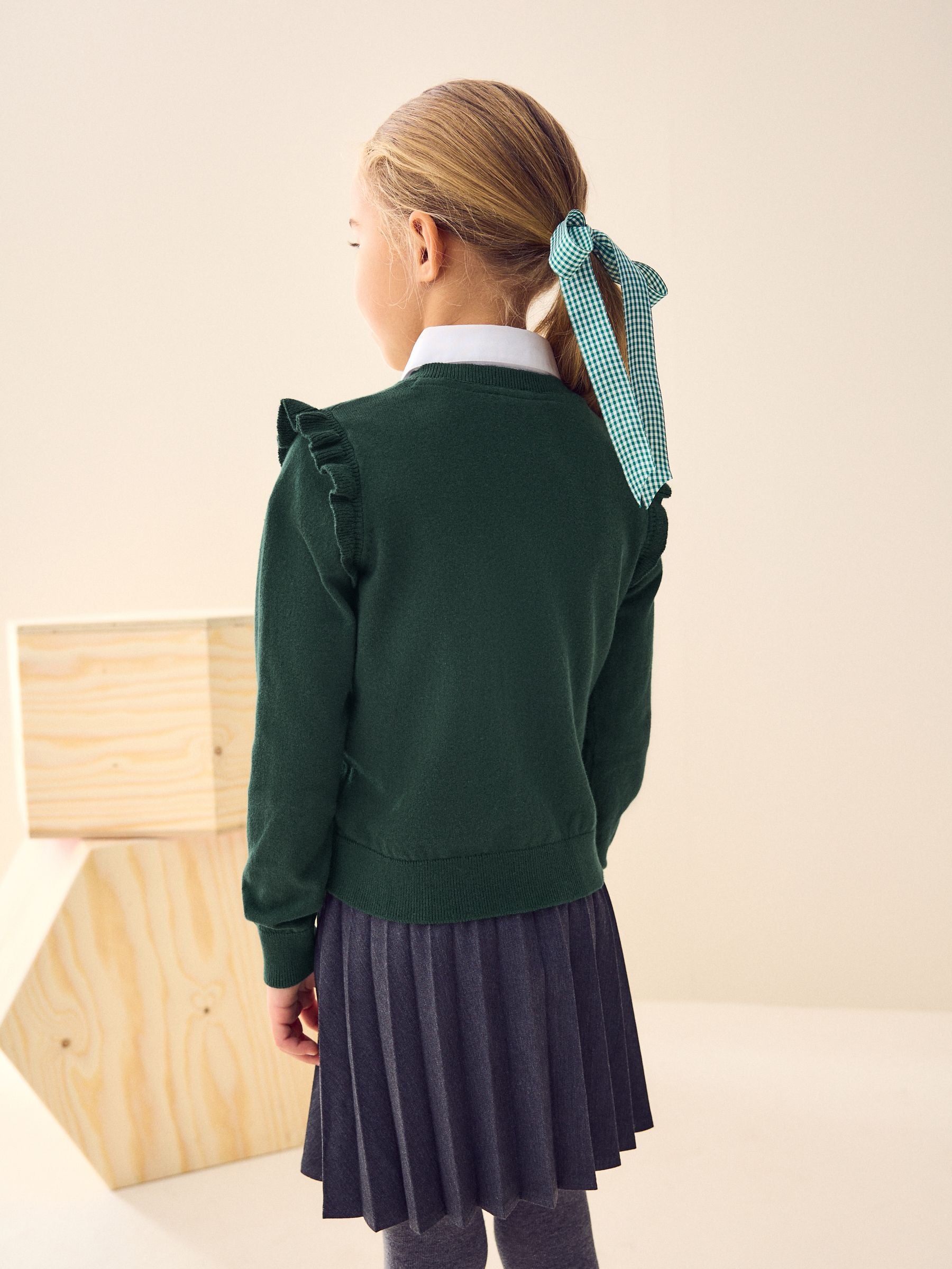 Dsiney Kidz - Green Cotton Rich Frill Shoulder School Cardigan (3-16yrs) image 3