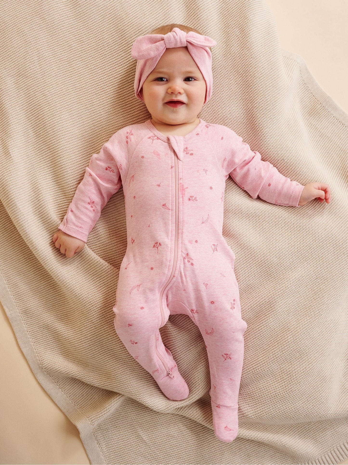 Purebaby Pink Zip 100% Cotton Sleepsuit & Headband Set image 1