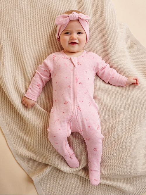 Purebaby Pink Zip 100% Cotton Sleepsuit & Headband Set image 1