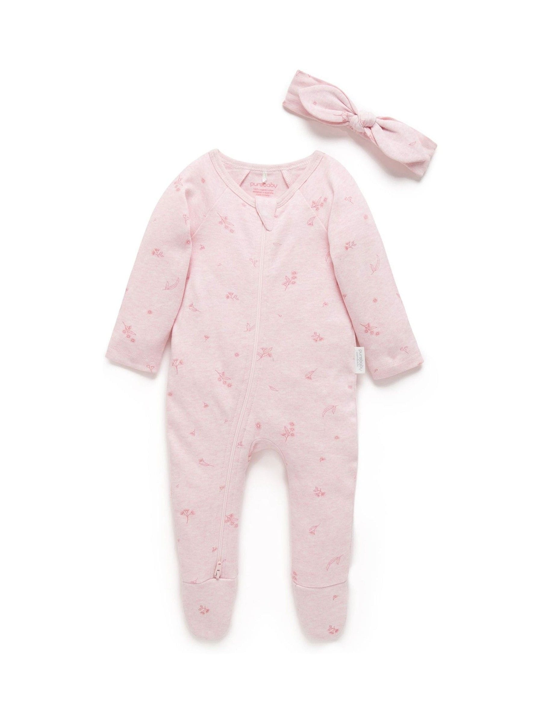 Purebaby Pink Zip 100% Cotton Sleepsuit & Headband Set image 2