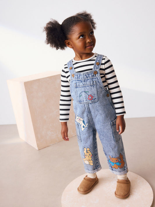 Mid Blue Denim Animal Print Dungarees and Stripe T-Shirt Set (3mths-7yrs)