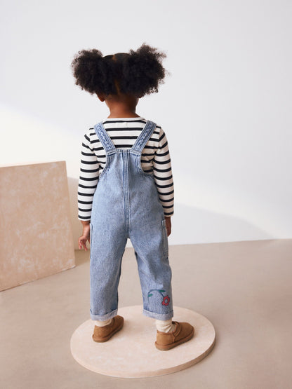 Mid Blue Denim Animal Print Dungarees and Stripe T-Shirt Set (3mths-7yrs)