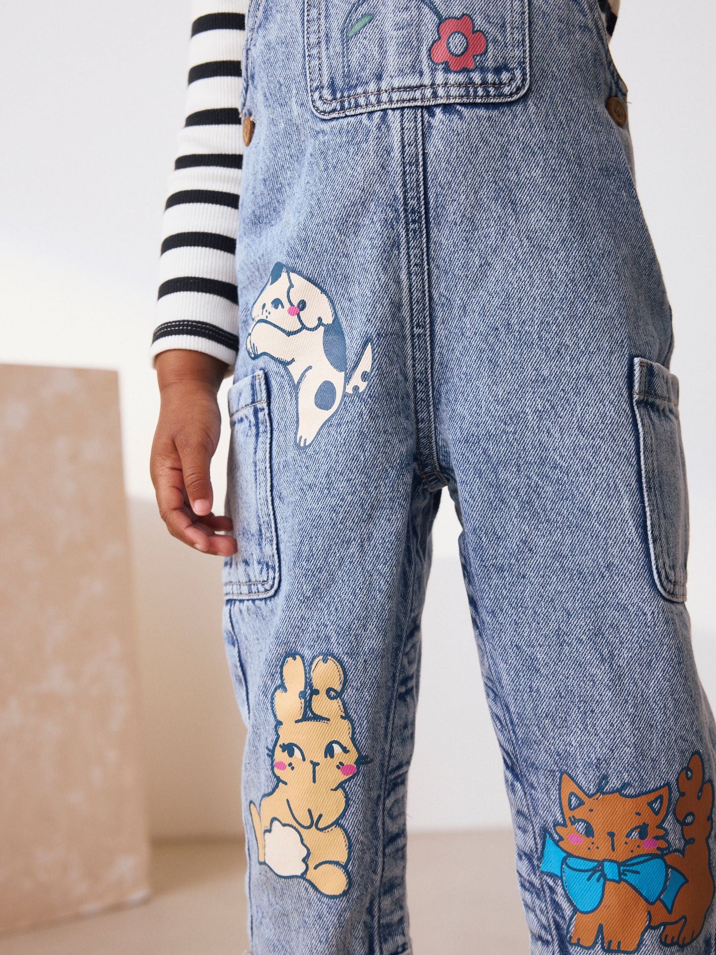 Mid Blue Denim Animal Print Dungarees and Stripe T-Shirt Set (3mths-7yrs)