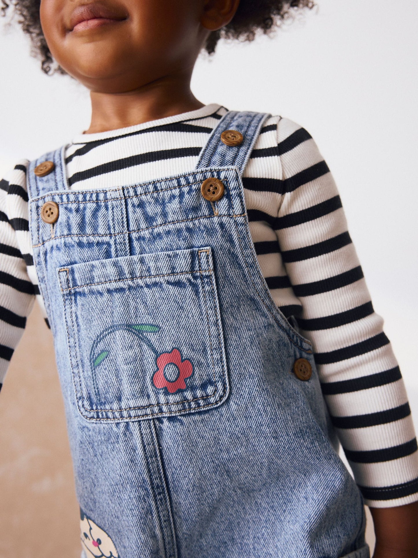 Mid Blue Denim Animal Print Dungarees and Stripe T-Shirt Set (3mths-7yrs)