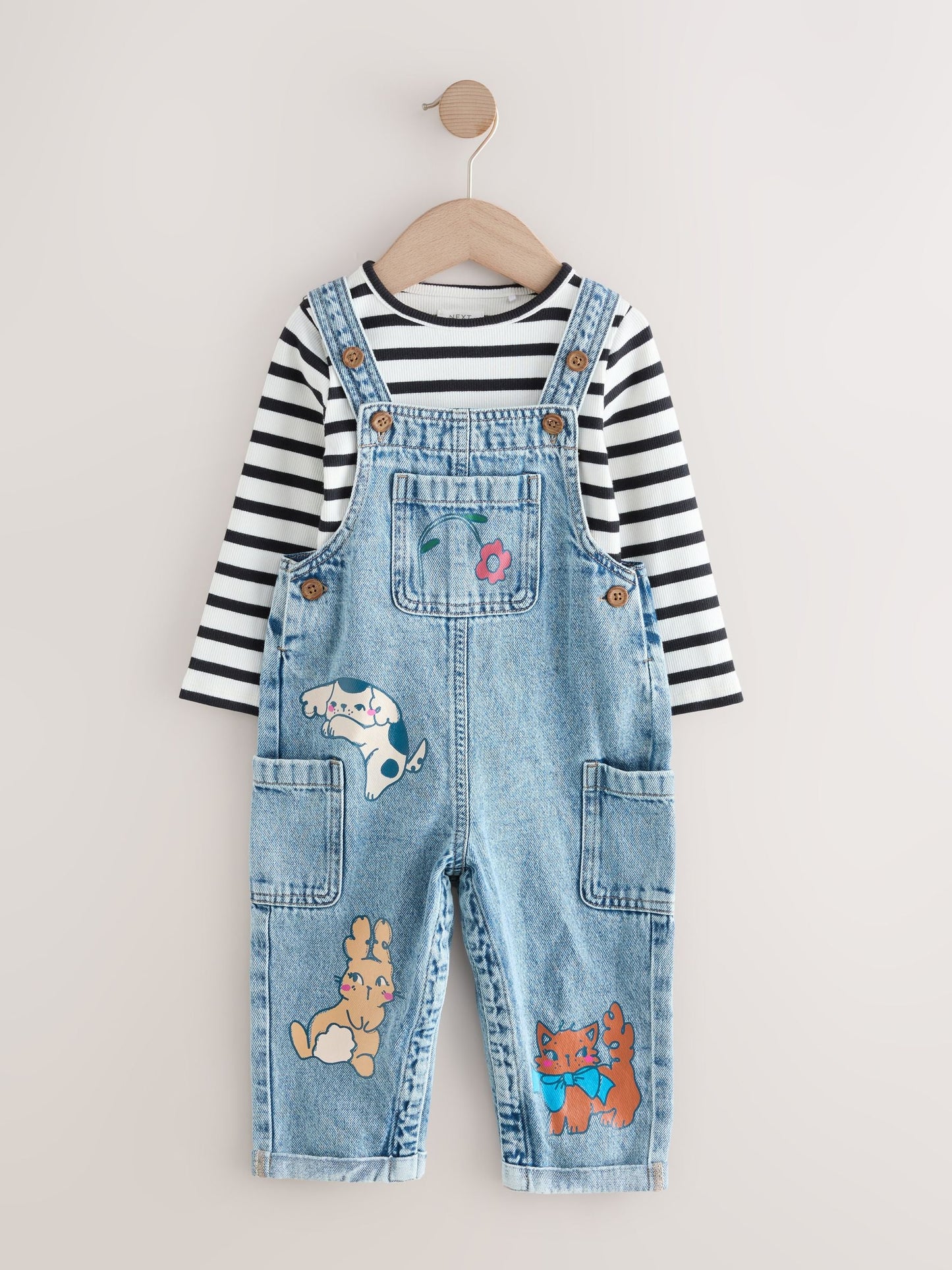 Mid Blue Denim Animal Print Dungarees and Stripe T-Shirt Set (3mths-7yrs)