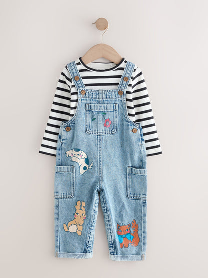Mid Blue Denim Animal Print Dungarees and Stripe T-Shirt Set (3mths-7yrs)