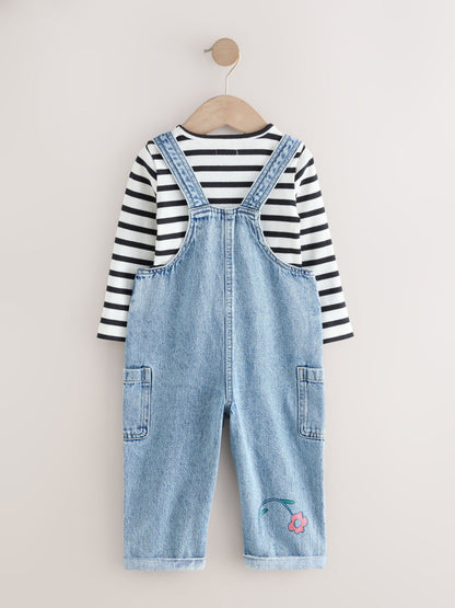 Mid Blue Denim Animal Print Dungarees and Stripe T-Shirt Set (3mths-7yrs)