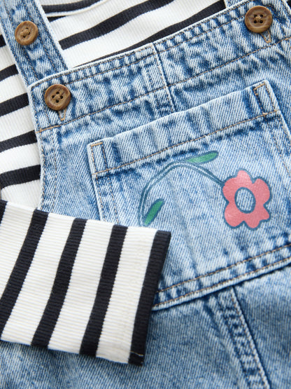 Mid Blue Denim Animal Print Dungarees and Stripe T-Shirt Set (3mths-7yrs)