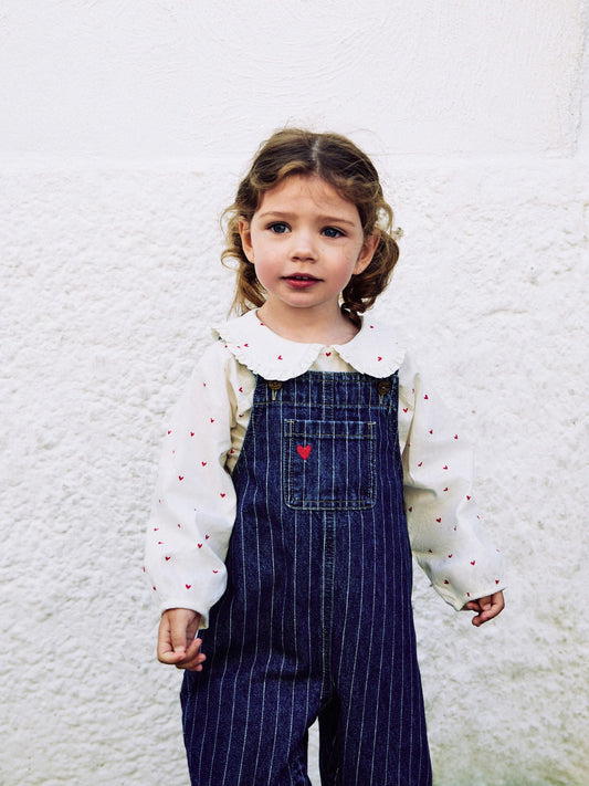 Dark Blue Denim Dungaree and Heart Print Blouse Set (3mths-7yrs)