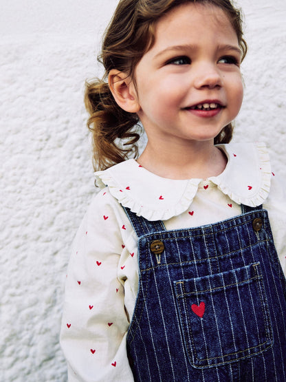 Dark Blue Denim Dungaree and Heart Print Blouse Set (3mths-7yrs)