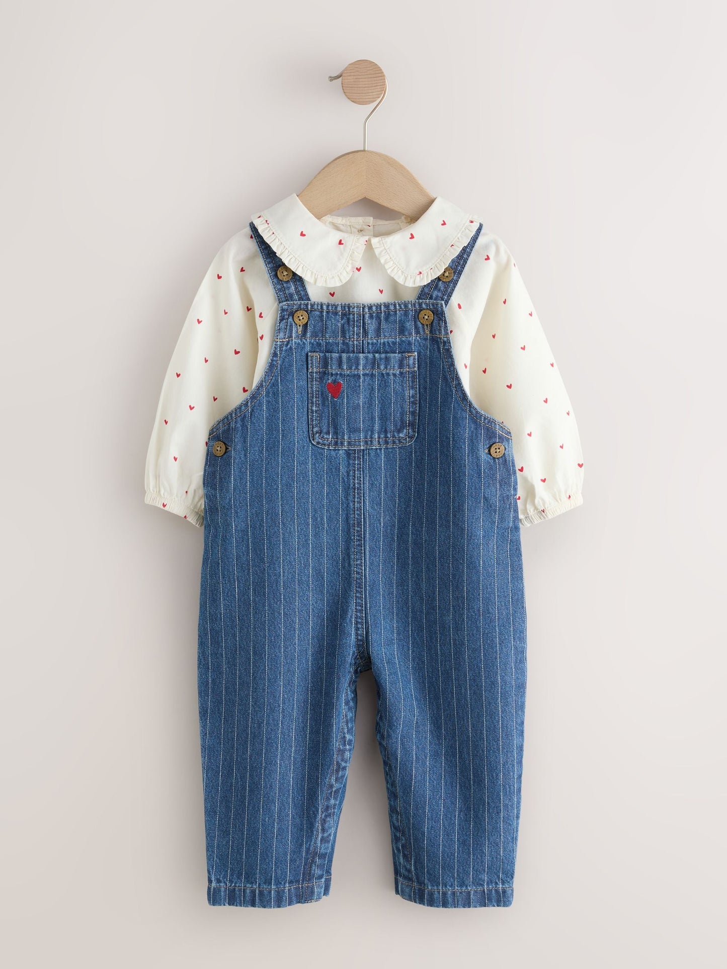 Dark Blue Denim Dungaree and Heart Print Blouse Set (3mths-7yrs)