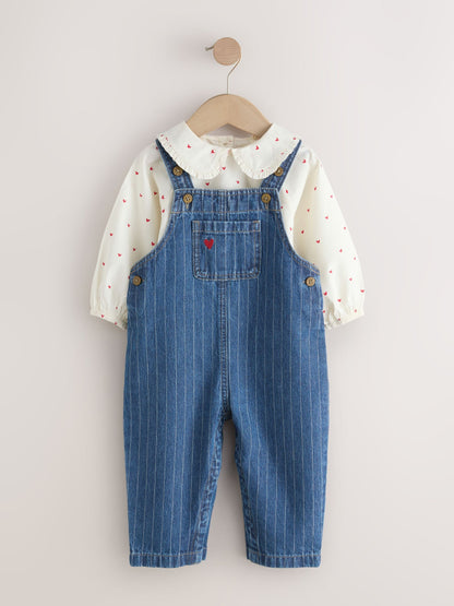 Dark Blue Denim Dungaree and Heart Print Blouse Set (3mths-7yrs)