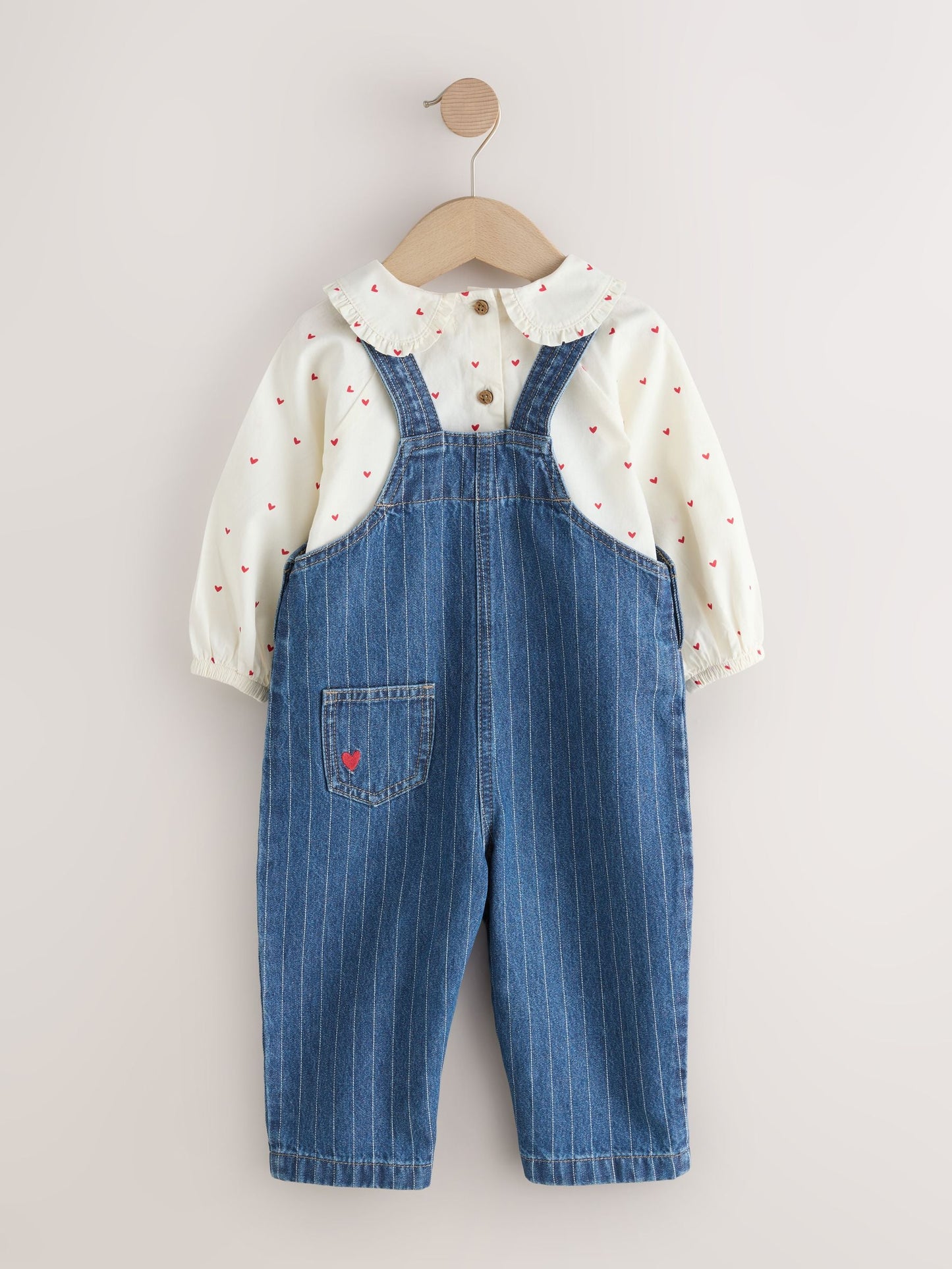 Dark Blue Denim Dungaree and Heart Print Blouse Set (3mths-7yrs)