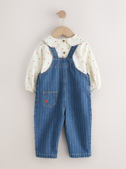 Dark Blue Denim Dungaree and Heart Print Blouse Set (3mths-7yrs)