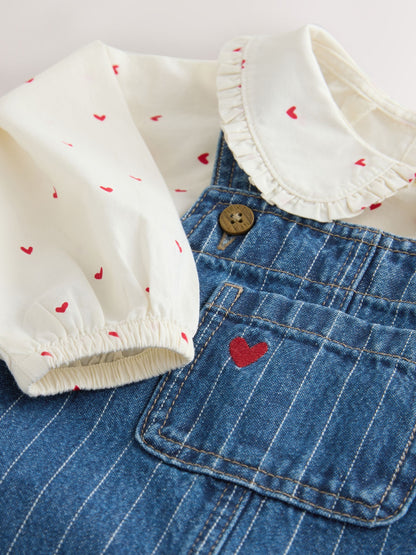 Dark Blue Denim Dungaree and Heart Print Blouse Set (3mths-7yrs)