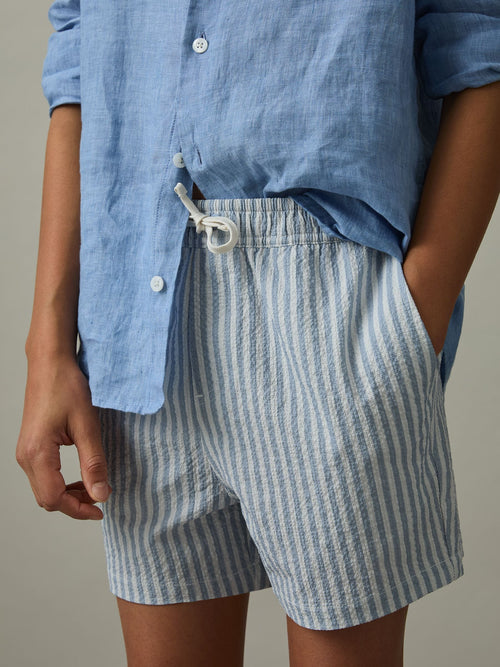 Reiss Soft Blue/White Bay 3-9 yrs Seersucker Striped Swim Shorts image 1