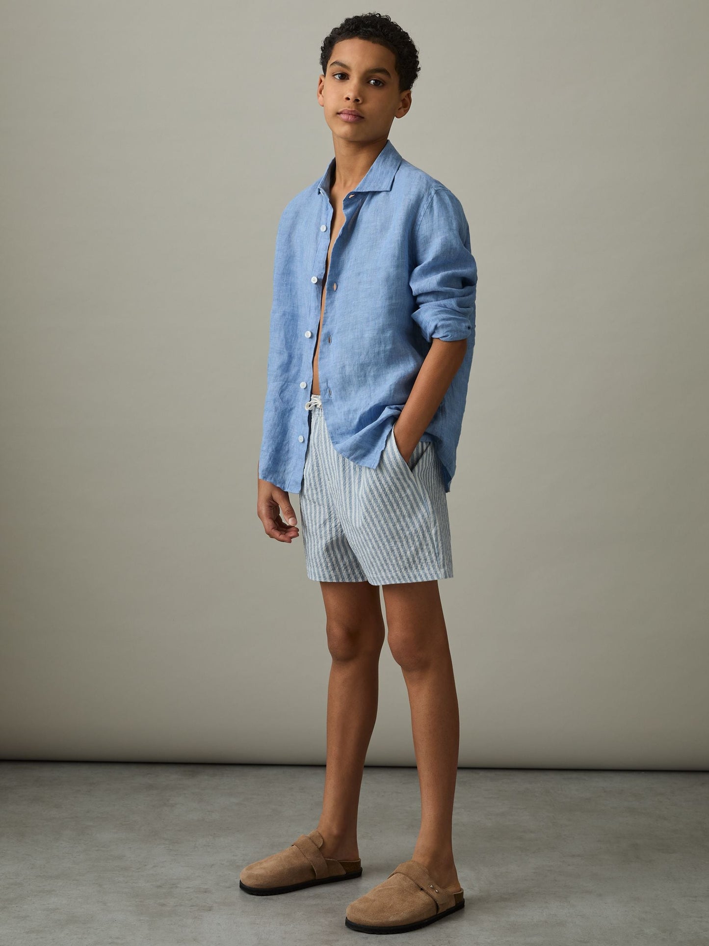Reiss Soft Blue/White Bay 9-13 yrs Seersucker Striped Swim Shorts image 1