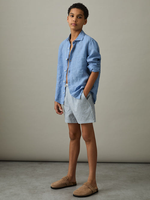 Reiss Soft Blue/White Bay 9-13 yrs Seersucker Striped Swim Shorts image 1