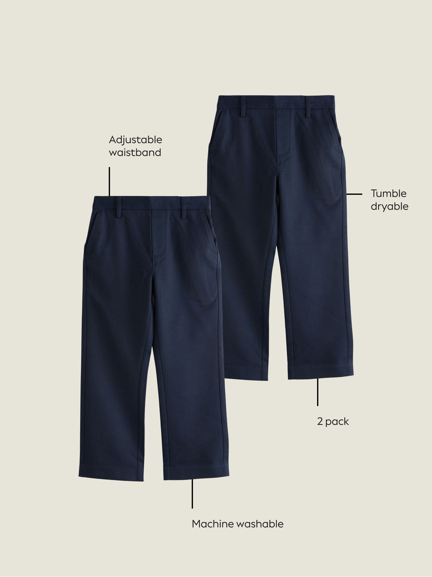 Dsiney Kidz - Navy Straight Leg Pull On Waist School Trousers 2 Pack (3-17yrs) image 4