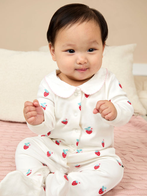 JoJo Maman Bébé Cream Strawberry Cotton Embroidered Sleepsuit image 1
