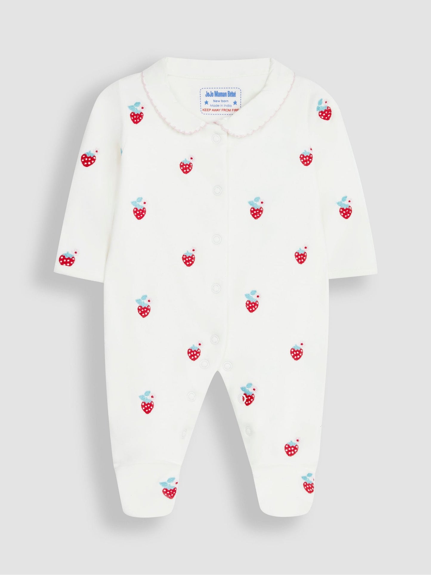 JoJo Maman Bébé Cream Strawberry Organic Cotton Embroidered Sleepsuit image 2
