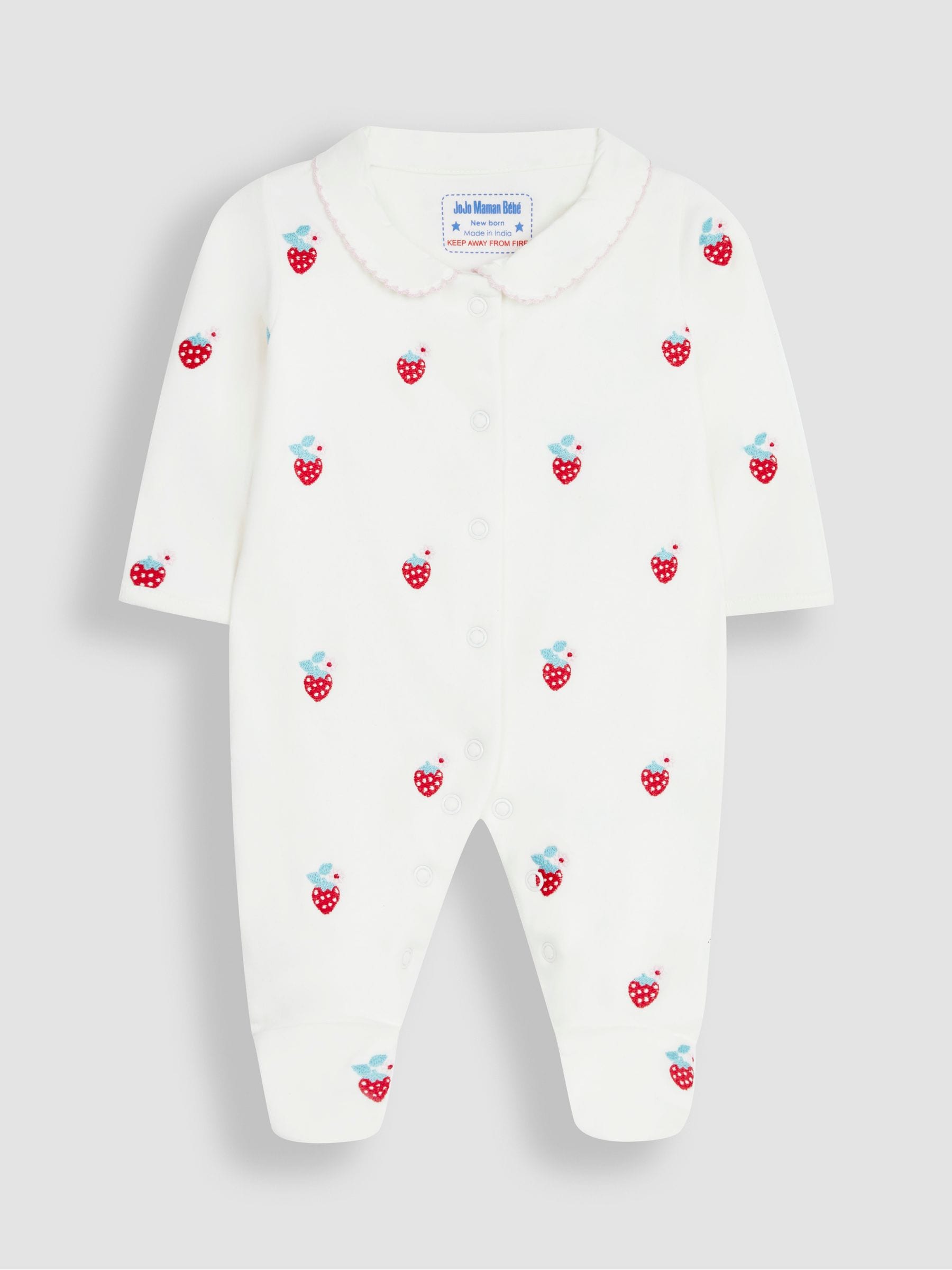 JoJo Maman Bébé Cream Strawberry Organic Cotton Embroidered Sleepsuit image 2