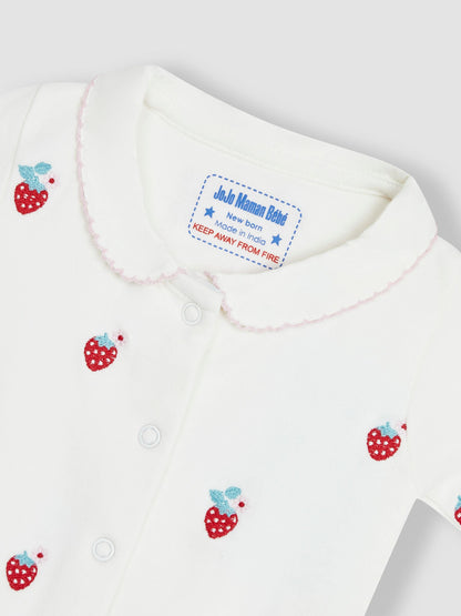 JoJo Maman Bébé Cream Strawberry Organic Cotton Embroidered Sleepsuit image 3