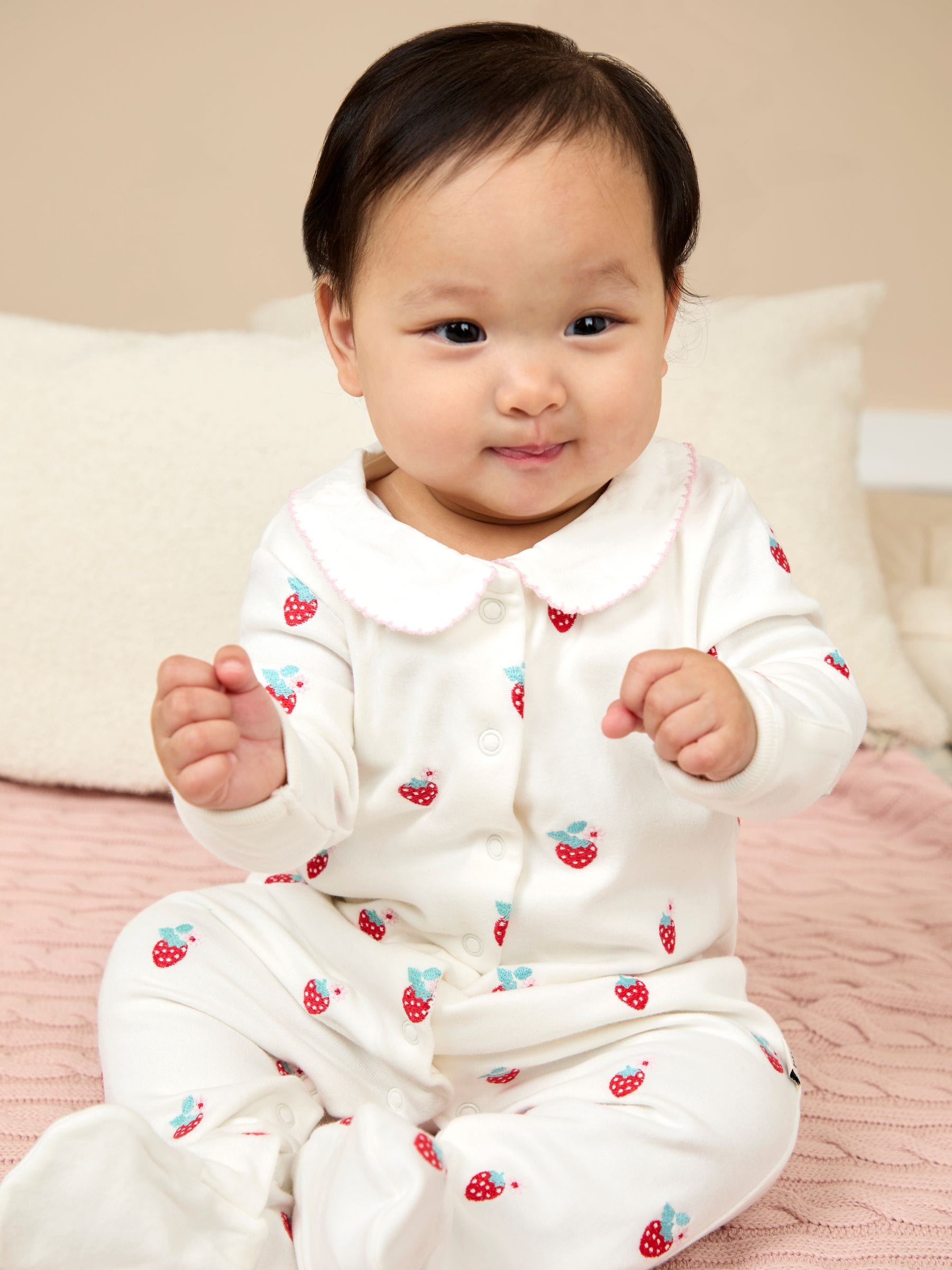 JoJo Maman Bébé Cream Strawberry Organic Cotton Embroidered Sleepsuit image 1