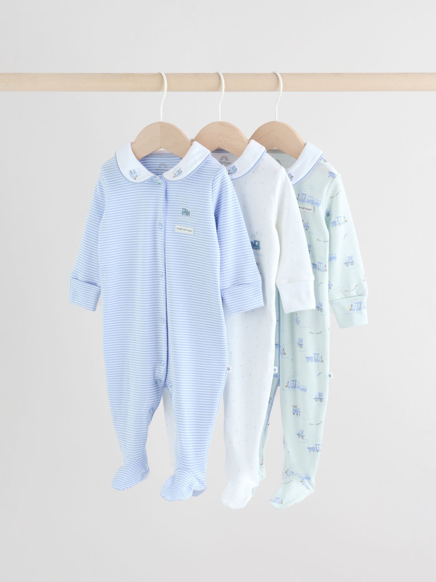 White/Blue Baby Embroidered Sleepsuits 3 Pack