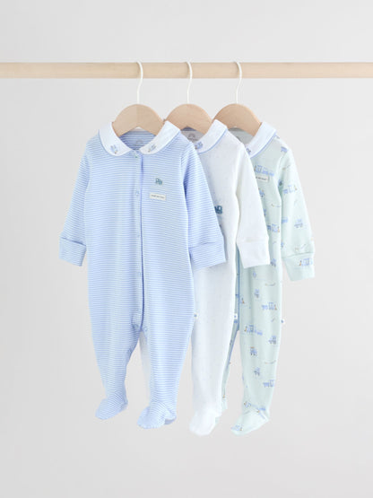 White/Blue Baby Embroidered Sleepsuits 3 Pack