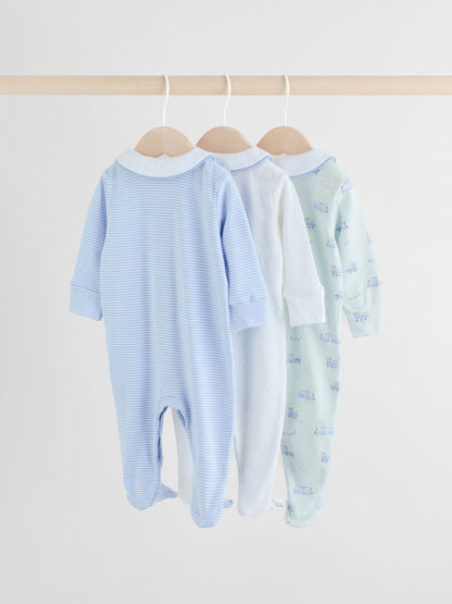 White/Blue Baby Embroidered Sleepsuits 3 Pack