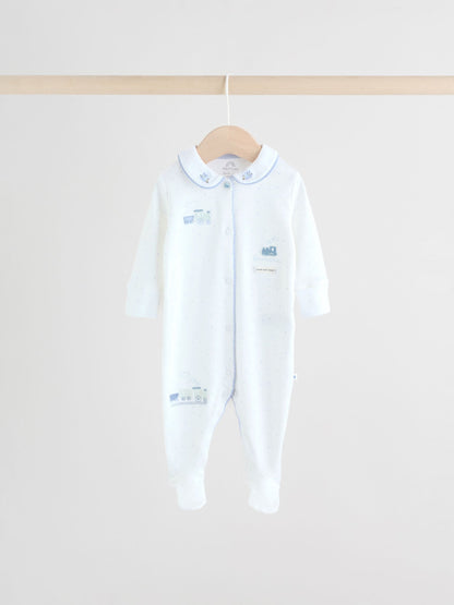 White/Blue Baby Embroidered Sleepsuits 3 Pack