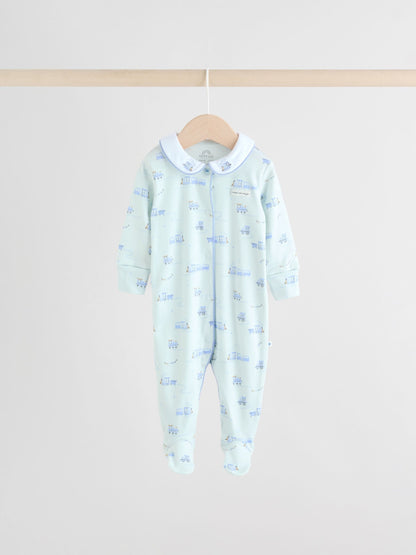 White/Blue Baby Embroidered Sleepsuits 3 Pack