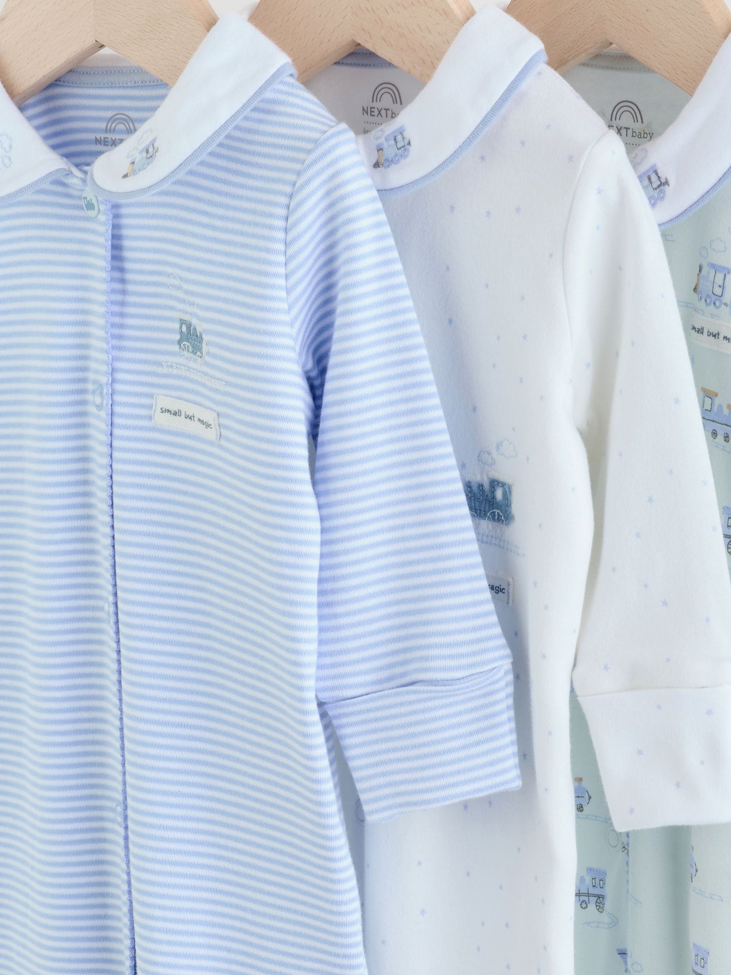 White/Blue Baby Embroidered Sleepsuits 3 Pack