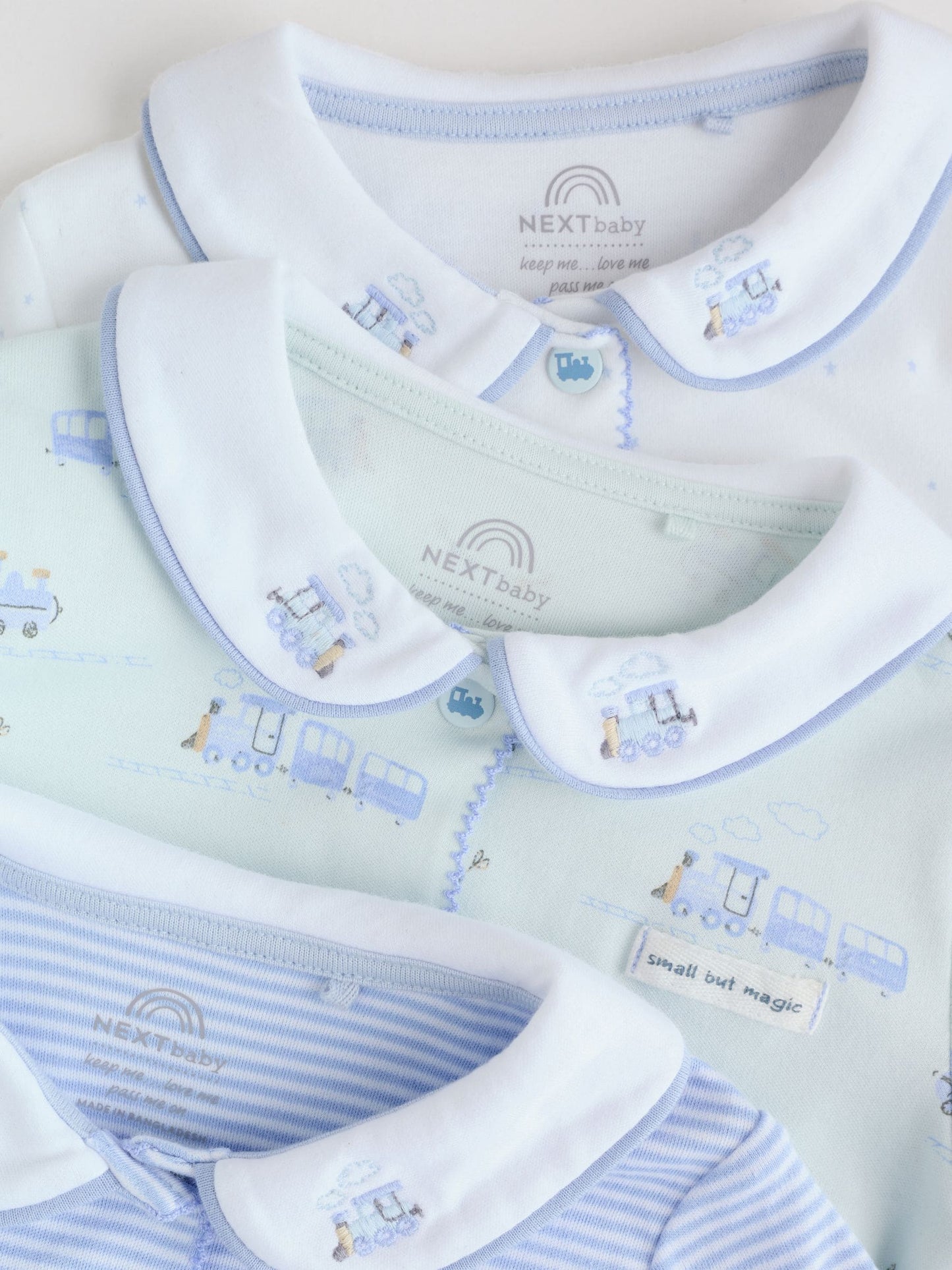 White/Blue Baby Embroidered Sleepsuits 3 Pack