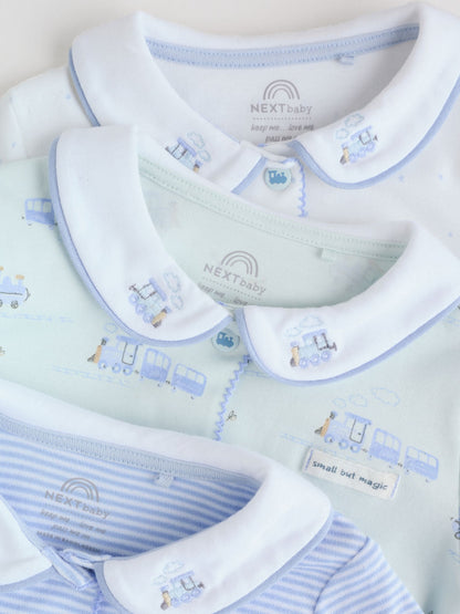 White/Blue Baby Embroidered Sleepsuits 3 Pack
