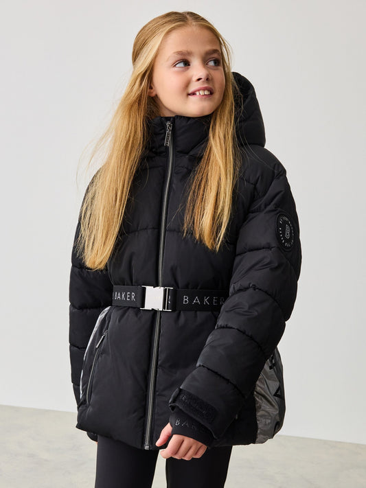 Baker by Ted Baker Shower Resistant Panel Belted Black Padded Coat image 2