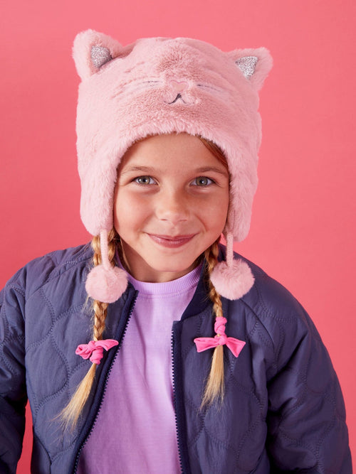Angels By Accessorize Pink Girls Fluffy Faux Fur Cat Winter Chullo Hat image 1