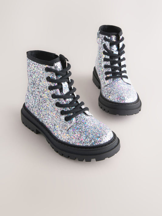 Dsiney Kidz - Silver Glitter Standard Fit (F) Warm Lined Lace-Up Ankle Boots image 1